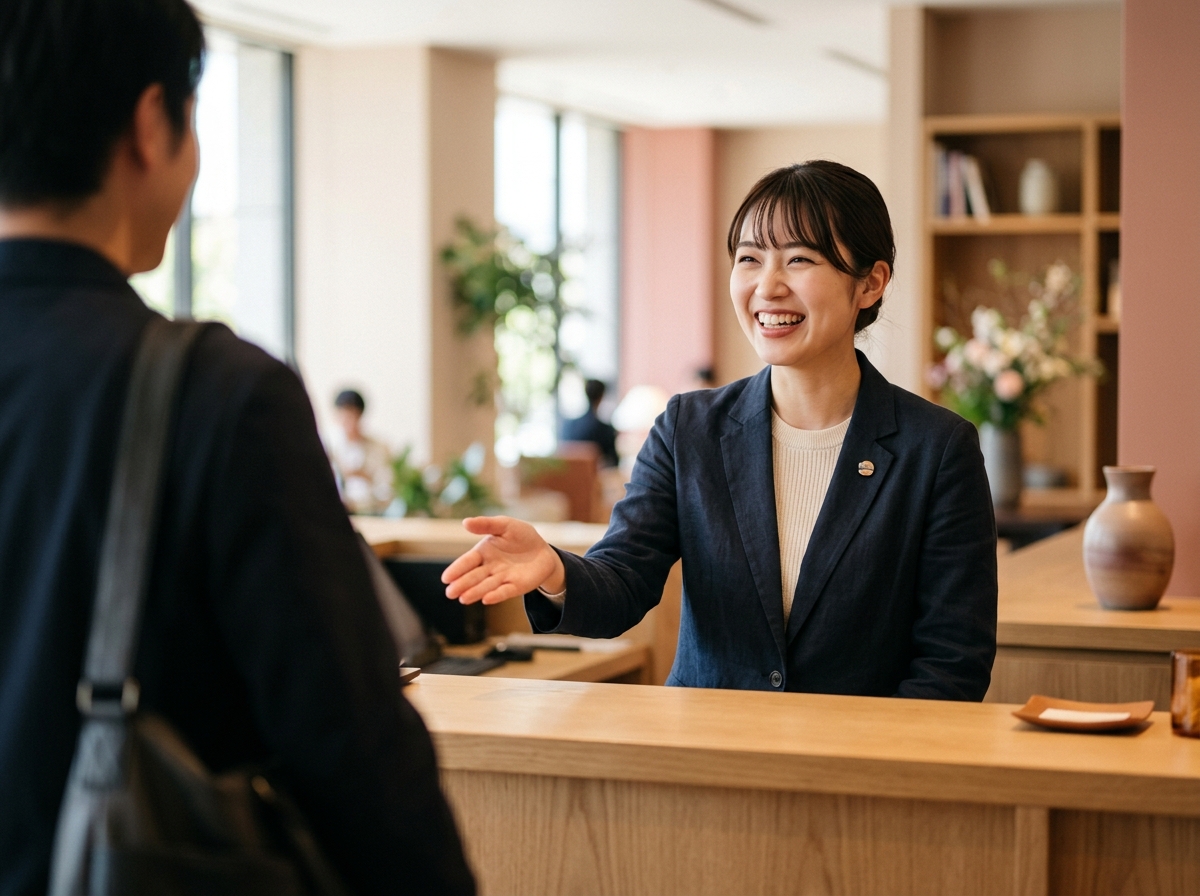 お客様をお迎えする瞬間、自然な笑顔のまま