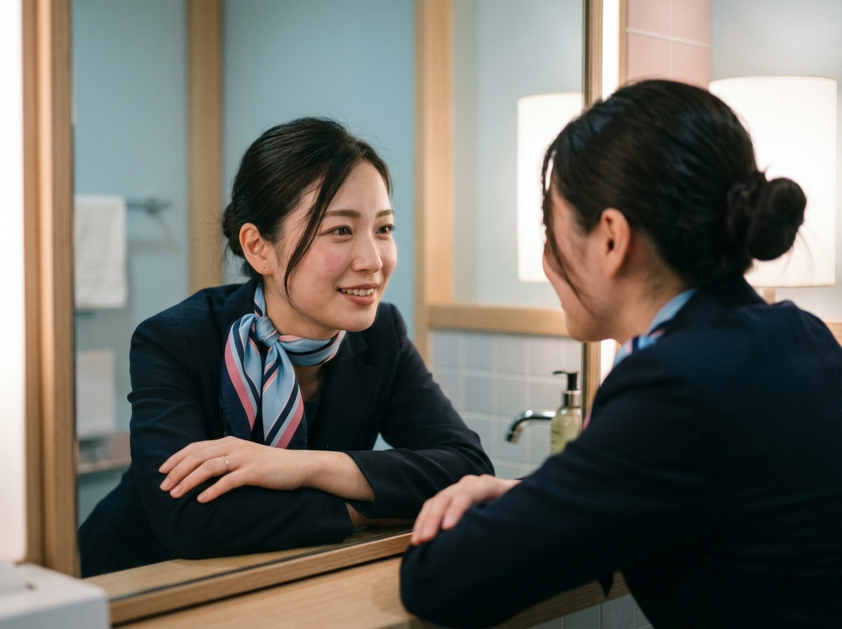 最後の一便を終え、化粧室の鏡でふっと肩の力が抜ける