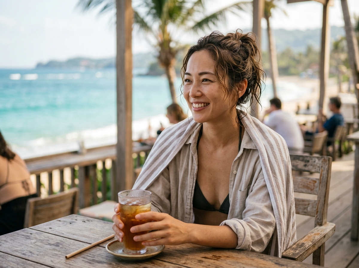 上がったあとのビーチカフェでも、整ったまま