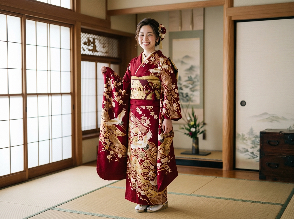 前撮りで、振袖にも負けない晴れやかな笑顔のまま。
