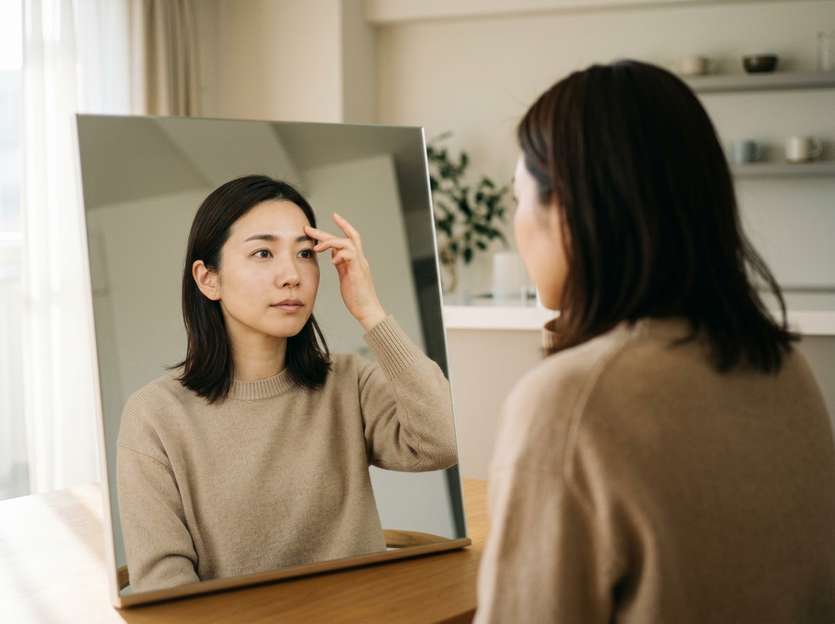 鏡の前で、自分の顔型と眉の流れを見つめ直す