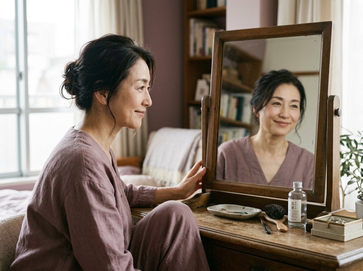朝、鏡の前のため息が、小さな微笑みに変わる。
