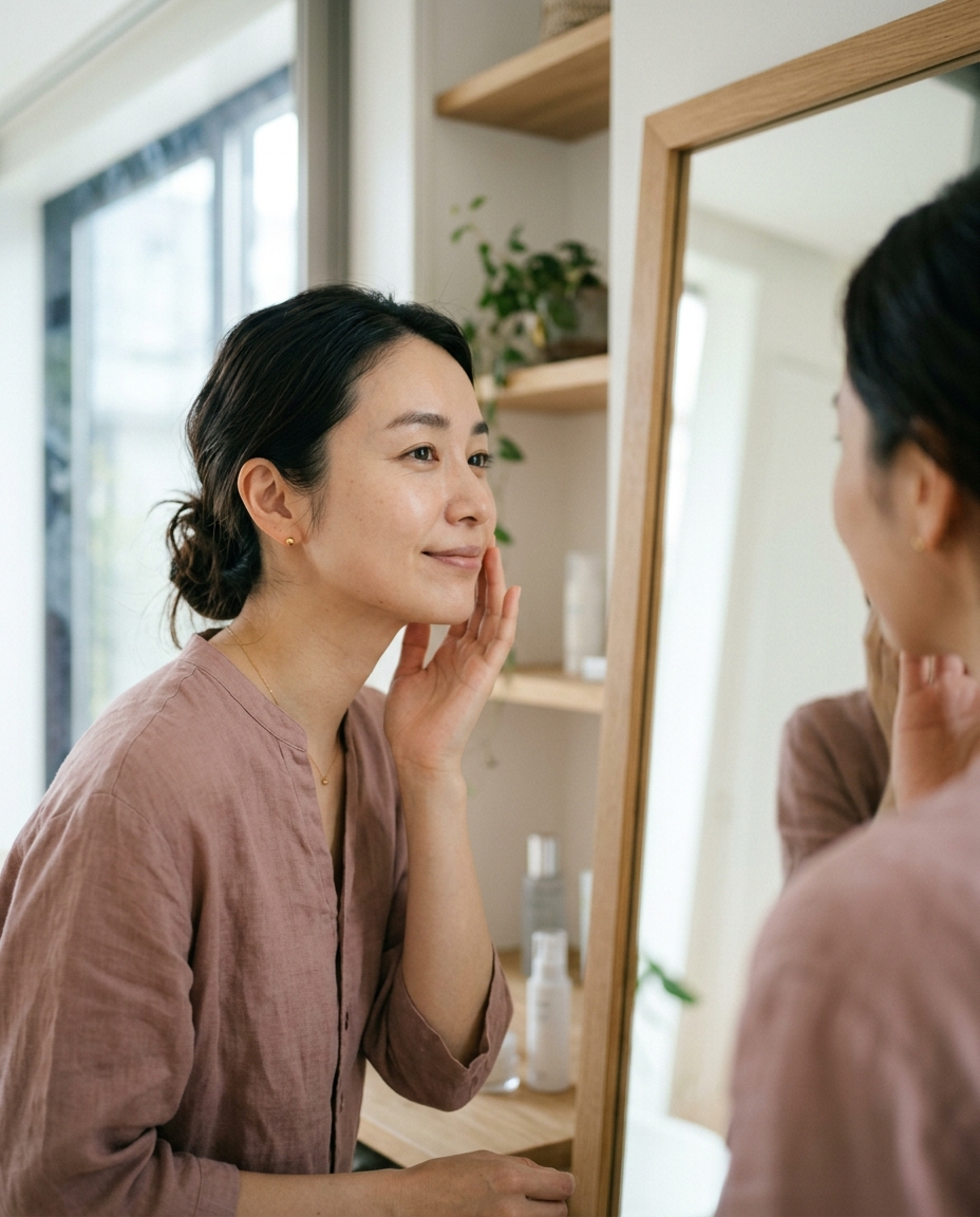 起きたままの顔が、もう整っている。盛らないから、会議でもオフでも浮かない。