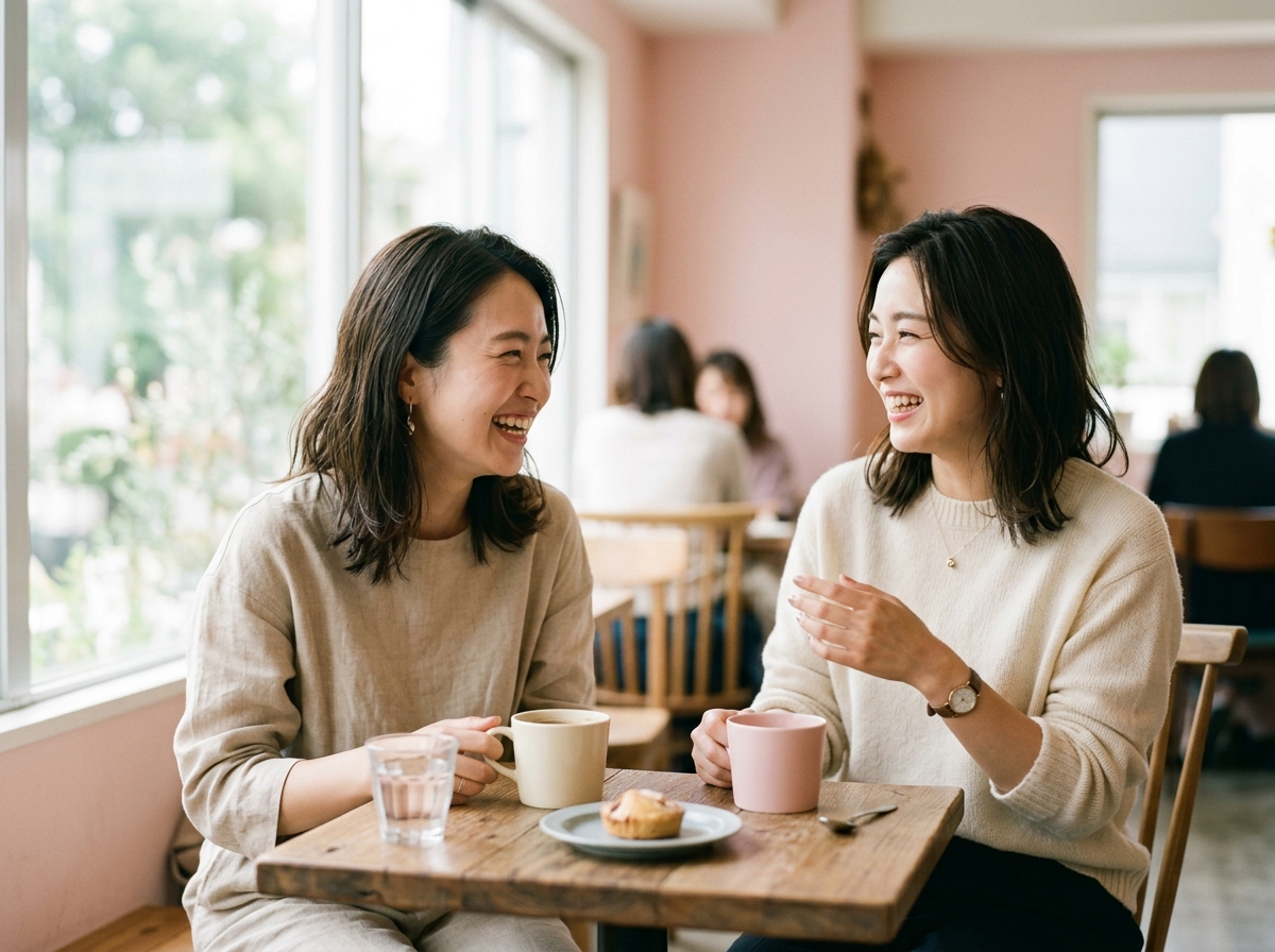 カフェで友だちと、やわらかい印象のまま笑う