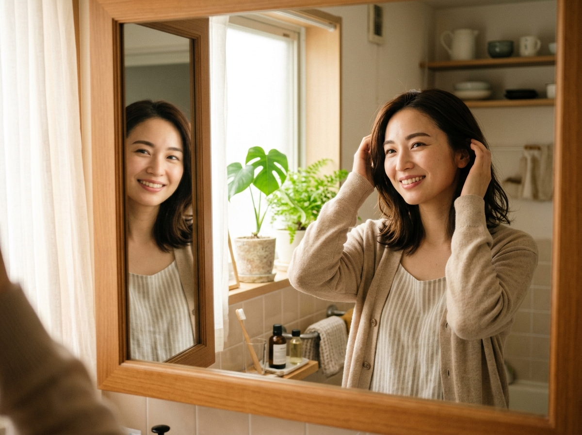 鏡の前で満足そうなお客様