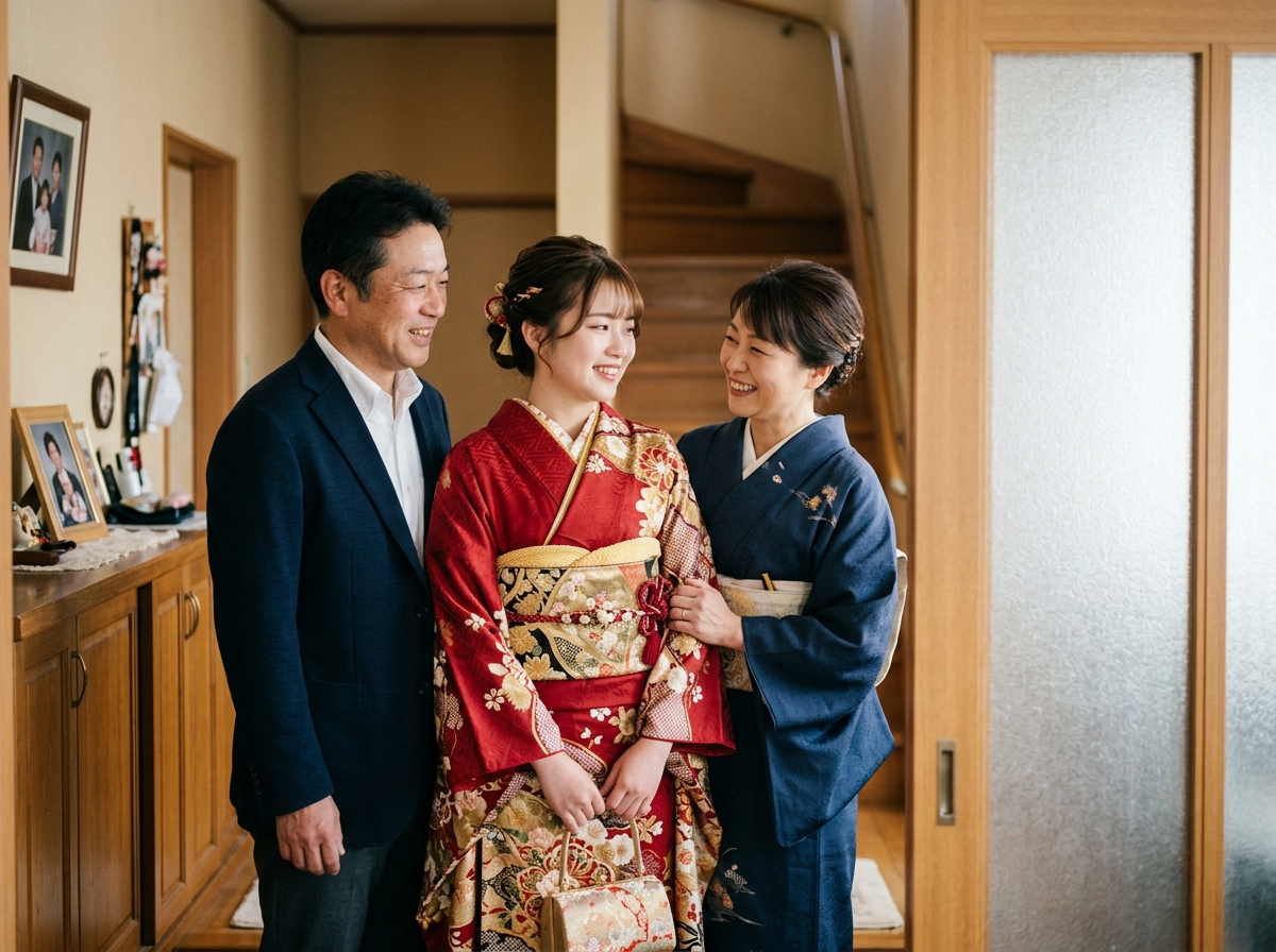 家族との記念写真で、晴れ姿のいちばんを残す。