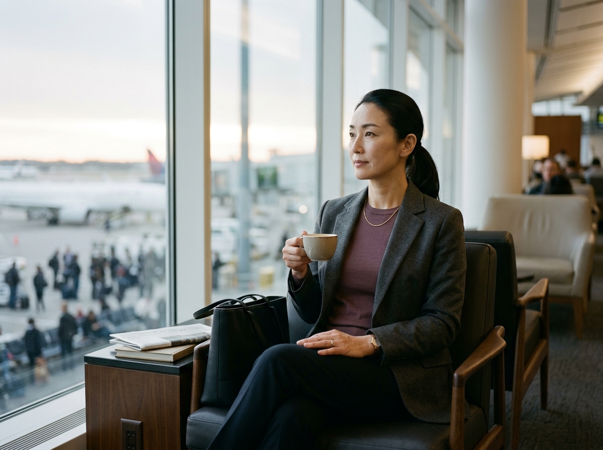 出張先の早朝便。すっぴんでも、頼りなく見えない