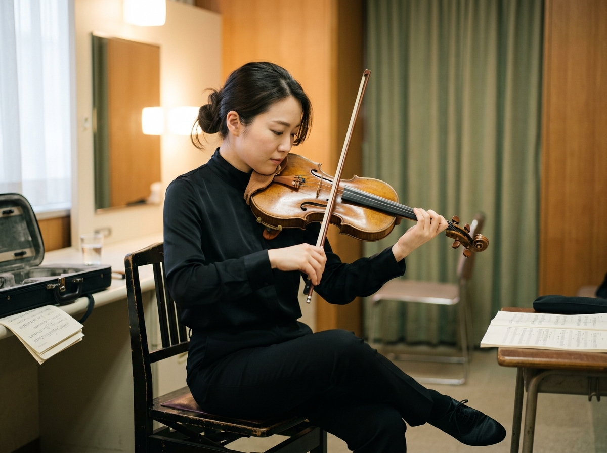 本番前の控室。鏡ではなく、最初の一音に集中できる。
